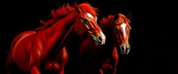 2 horses running towards the viewer, mostly red tones on dark background