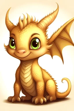 a small light brown dragon with big eyes, friendly, fluffy wings, protective, kind
