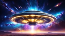 A wonderful hyper futuristic flying saucer in a shape of a galaxy in the middle of the cosmos.