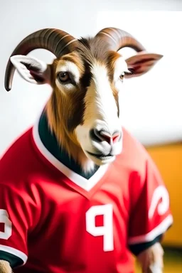 Goat in red football uniform