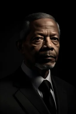 An extremely formal, funeral program on darkest black deep pigmented velvet paper with brilliant, brightest silver fonts, with a photograph of an strikingly handsome slightly tanned Biracial Black man of 48 years of age, with a slightly gray goatee dressed in a very dark conservative suit and tie, the photograph has a dark black background or dark black drapery background, simple, minimalistic, less element, dramatic lighting,