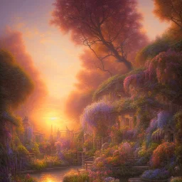 View of a beautiful sunset in the garden, oil on canvas, intricate, portrait, 8k highly professionally detailed, HDR, CGsociety, illustration painting by Mandy Jurgens and Małgorzata Kmiec and Dang My Linh and Lulu Chen and Alexis Franklin and Filip Hodas and Pascal Blanché and Bastien Lecouffe Deharme, detailed intricate ink illustration, heavenly atmosphere, detailed illustration, hd, 4k, digital art, overdetailed art, concept art, complementing colors, trending on artstation, Cgstudio