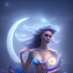 image of a mermaid, bloom, darknight with a moon and big clouds, 8k, full details, glowing blue, foggy night, fine-detail, volumetric lighting, high-quality, illustration, dreamy vibe