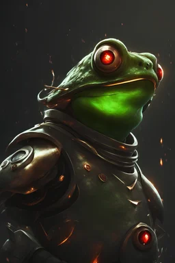 Frog Green Soldier Portrait Glow big red eye Gold Armor warrior fire Robotic lightning Silver Smoke Dust 16k details epic rare future water