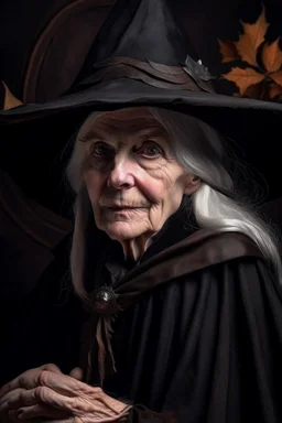 Old White-haired Witchery Witch in her pointed hat ready for the Coven in rusty autumn leaves and silver cobwebs. with burnished browns and abyss black.