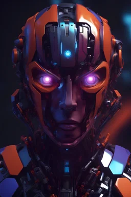 une atmosphère futuriste avec une tete de robot en gros plan en 3d composant les couleurs rouge, orange, violet et bleu et un fond noir