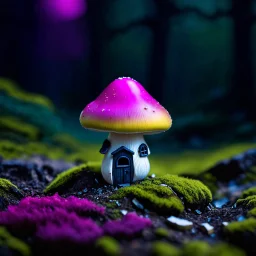 "Close up of a wonderful tiny Mushroom Tower home. Magenta and yellow with bright white, deep black and contrasting tones of gray magenta and violet colors. Illuminated bioluminescent forest. Professional painter, master at composition. small but detailed. broken, blurred background, voluminous lighting"