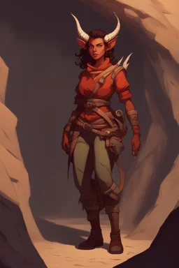 A DnD character. A female horned Tiefling ranger with pointy ears standing in a cave. The Tiefling has curly hair and a little pterosaurs on her shoulder.