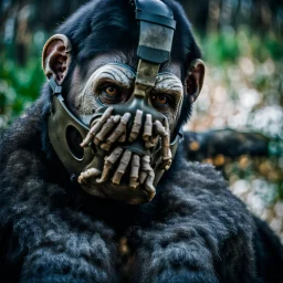 Nature photography, Cyborg Ape, breathing device, gas mask, respirator Christopher Nolan, Dystopian, Extreme depth of field, bokeh blur, Alberta, all-natural, in the style of candid, imperfection, natural lighting, Fuji Film, Anamorphic lens