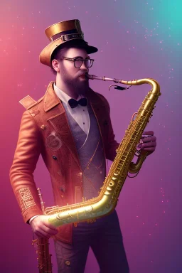 steampunk , saxophone player, caucasian man, big hair, neon sign spelling 'Saxman', post-apocalytic setting, volumetric lighting, particals, intricate detail,realistc, close up