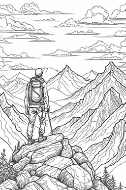 A hiker standing triumphantly on a mountain summit, gazing out over a vast landscape, symbolizes the conquest of challenges and the freedom of achievement.coloring book page, simple and clean line art, adult drawing book, black and white, crisp black lines, no shades, sharp lines, coloring book for adults, cartoon style, landscape