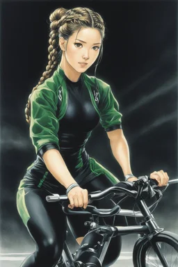 a Celtic girl with braids in a dark tight sport outfit, she does gym on a training bike, panting [Yoshitaka Amano. Selections 30th Anniversary Edition]