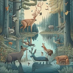 A detailed illustration with forest animals at the egde of a forest drinking from a lake.