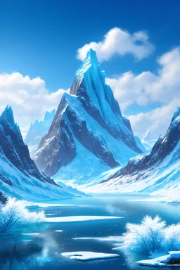 Generate an image depicting a vast, magical land of ice and snow, with towering snow-covered mountain peaks, a majestic ice crystal tower on a frozen lake."