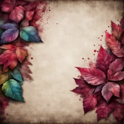 Hyper Realistic maroon leaves border & rainbow multicolor grungy rustic texture with vignette effect