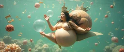 fat queen true yoga mind bending bubble gum as a young woman floating transparent music notes in the weirder universe in the ocean with the snail fish king in the style of Escher