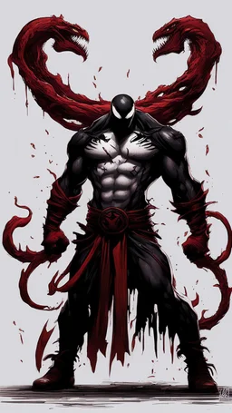 A close picture of Venom symbiote as ghost of Sparta red tattoos and Clothes, holding blade of choice