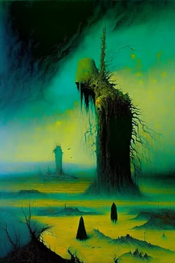 strange landscape creatures and people, fantastical surrealist otherworldly, moody colors, , absurb, Minimalist, dystopia, elegant, surreal, stormy cloudscosmic, terrifying, eternal, mysterious.) decayed and suffering humanoid lost ravaged landscape. Macabe Oppressive definition acrylic art Artist Beksinski