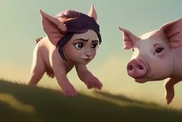 a tiny tiny female fairy flying, sparkly, a pig in the mud, on a farm