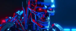 4K. REALISTIC FULL DETAILS. FULL RED BLUE AND WHITE LIGHTS. Terminator CYBERPUNK ASSAULTED BY SOLDIERS