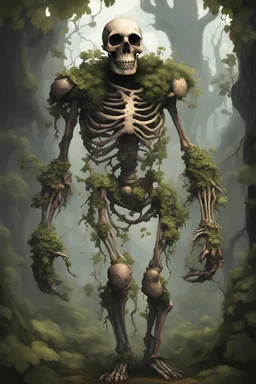 Skeleton, living skeleton, undead, wooden gauntlets, fungal growths, walking, wooden armor, medieval, vines holding together limbs, vine tendons, animated by plants, wearing leather armor, different plants growing out of chest and head, reinforced by vines, hulking