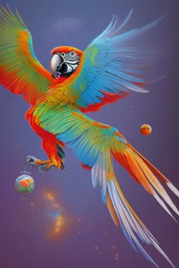 Macaw is flying in the space and is holding the earth in his claws. Surrealism.