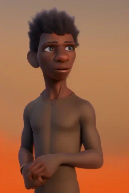 3D render of a cyberpunk tribal young black man, black afro hair, ragged shirt, on a orange dune background, digital art