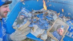 blue delivery driver burns old photos in bonfire