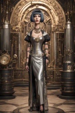 full body and headshot of a skinny Cleopatra, with a silver bob hairstyle, standing in a steampunk setting.