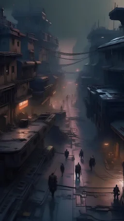 slums of a city, many broken droids walking, scary, drone shot, cyberpunk, digital art, 4k