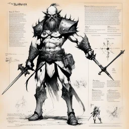 character concept sheet with AD&D statistics and characteristics, [illustration by Ralph Steadman] The Bloodreaver character class, power of blood that creates lights and smoky magic around, plus brutal strike