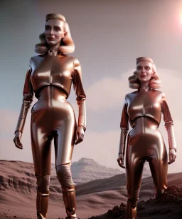 Ultra Realistic retro sci-fi movie scene, 1960 year, waist up view portrait, 3 clones blonde women, sweet young una Thurman face, perfect iris, glow eyes, face makeup. Mars and martians background, Retro sci-fi style, helmet, tight latex coat, fog, rain, soft color, highly detailed, unreal engine 5, ray tracing, RTX, lumen lighting, ultra detail, volumetric lighting, 3d, finely drawn, high definition, high resolution.