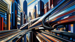 In this Italian Futurism-inspired cityscape, a train track cuts through the bustling urban landscape, symbolizing progress and movement. The track weaves its way between towering buildings with sleek, modern architecture, reflecting the avant-garde style of the early 20th-century art movement. A sleek, aerodynamic carriage speeds along the track, embodying speed and dynamism. The carriage's design is futuristic, with sharp angles and streamlined curves, evoking a sense of energy and innovation.