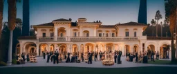 panoramic ,brass orchestra playing outside a beverly hills style mansion, exterior photography of a romantic and bright house, 8k, ultra HD