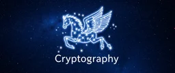 A star constellation in the form of a Pegasus in front of a deep space and the Orion Constellation. Glowing lines connecting the stars that form the pegasus constellation. Digital Art. Digital Drawing. Logo. Icon. The word "Cryptography" is under the Pegasus, also formed by stars and lines