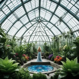 kaleidoscope in a greenhouse on gigantic growing plants in the dome of a crystal greenhouse (in the style of grindhouse comic illustration) Kristin Chenoweth as ostara in American gods (2017) Ostara is ready to come, her mouth half open, the goddess of Easter peacefully sits on a stone in her garden, The plants are too close to her, they wrap themselves around her legs, pushing them apart. Ostara enjoys it, she lets herself be embraced, her head thrown back, her hands on her stomach,Her dress i