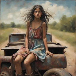 A gritty rough oil image of a gypsy girl sitting on the back of an old rusty truck in a summerscape in the country on a dirt road. The girl has a weathered, determined look, with long, flowing dark hair and a colorful, tattered dress. The