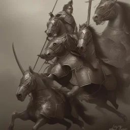 Medieval cavalry galloping. Warriors. Leather armor. Black. Sharp details. Roar.