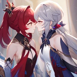 High quality, Detailed, 1girls, looking at eachother very angrily, wearing a genshin inspired outfit, the outfit has some holes, the outfit also has a very see through fabric, grey hair with on ponytail, red hair, about to kiss