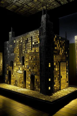 A black castle made out of steel in a chaotic shadow realm designed in ancient Greek mosaics painted by Gustav Klimt