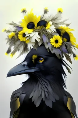 Raven with wild yellow and white flower wreath on the head
