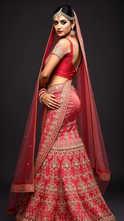 A stunningly elegant Indian bride, with a tall, slim, and athletic figure, adorned in intricate bridal makeup, complete with extremely long hair cascading down her back. She stands in a dynamic pose, showcasing a designer bridal lehenga. This captivating portrait captures the bride's radiant beauty and grace, highlighting every exquisite detail in high quality.