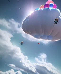 Ultra realistic speed clouds sky scene, wide angle view, sweet childs falling down, inflatable color clothing, free jumping flying, many trinkets, monster head, hair monster, many jelly beans, balls, smile, happy, circus style, extreme, wind, clouds sea, 20,000 feet altitude, stratosphere, soft color, highly detailed, unreal engine 5, ray tracing, RTX, lumen lighting, ultra detail, volumetric lighting, 3d, finely drawn, high definition, high resolution.