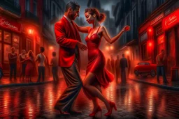 a very happy and energetic man and woman couple dancing beautiful latin tango on the street in the morning in the rain, extremely feel the music, passion, magic of music, glamorous deep red silk dress Sunrise movie poster intricate artwork masterpiece trending cgsociety intricate extremely detailed vivid , ultra high quality model, stunning, perfect composition award winning image