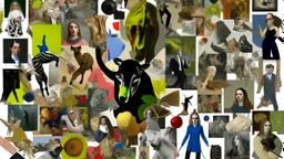 Collage of various elements including classic art, animals, people and abstract textures in a chaotic arrangement.