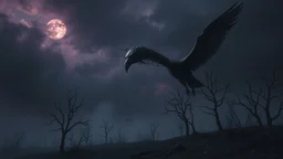 close in center weird crepy bird creature and and far away on sky different small dark crepy birds surreal thriller vibe trees in alternative surreal barren, dry, gloomy world, nightmare in abyss, deep vortex, black, gray, purple, brown, silver, dark red colors, surreal, weird dark fantasy, deep dark colors, sharp lines, crepy stunning, high detalied, weird, fog, shadows, realistic, surreal, highly detailed, melancholic thriller mood