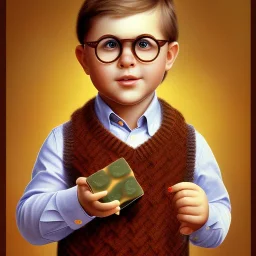 Peter Billingsley chubby kid Tortoise-shell glasses, holding A ((dark red soap bar)) in his hand, brown argyle sweatervest