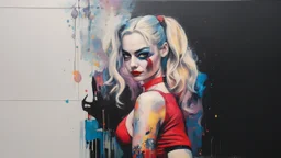 Suicide Squad Harley Quinn Margot Elise Robbie Pop Art psychology oil paiting In depth psychology display Roy Fox Lichtenstein style, dream, symptom, image in the background in the city artgerm display Gustav Klimt style artgerm display in the Barcelona the 2024th century oil paiting. and the city itself seemed like a big illusion, full of light and shadows. Barcelona city the 2024th century