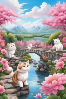 in the center: beautiful chunky cats dancing on a bridge , background: landscape, first plan: pink flowers and a small river with blue water, sky: white clouds with more cats sitting on them