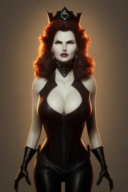 Geena Davis as evil queen in black leather, leather, busty, cleavage, angry, rage, stern look. character design by cory loftis, fenghua zhong, ryohei hase, ismail inceoglu and ruan jia. unreal engine 5, artistic lighting, highly detailed, photorealistic, fantasy